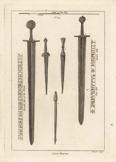 Sächsische Waffen: antikes Eisenschwert 1,2, und Dolche und Messer 3,4, gefunden im Fluss Wytham, Lincolnshire, und ein Armbrustbolzen, gefunden im Lager in Danbury, Essex 5 von Unbekannt