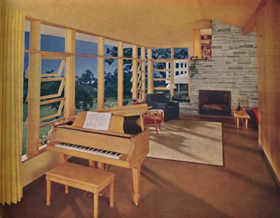 Modell eines großen Wohnzimmers, 25 Fuß lang, in einem modernen Haus, entworfen von Edward D. Stone von Unbekannt