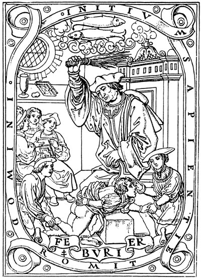 Schuljunge, dem Wissen mit der Rute eingebläut wird, 1526 von Unbekannt