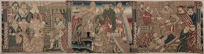 Abschnitt eines bestickten Frieses: Ahasverus und Esther, Der Papst tadelt den Kaiser, 1625-1649 von Unbekannt