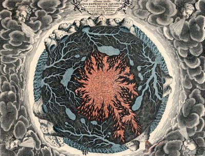 Querschnitt der Erde, zeigt zentrales Feuer und unterirdische Kanäle, die mit den Ozeanen verbunden sind, 1665 von Unbekannt
