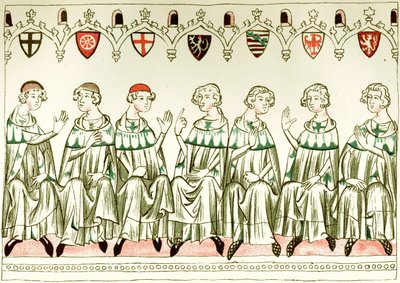 Sieben Kurfürsten stimmen für Heinrich VII., Heiligen Römischen Kaiser, Kopie einer Miniatur aus dem Balduineum von Unbekannt