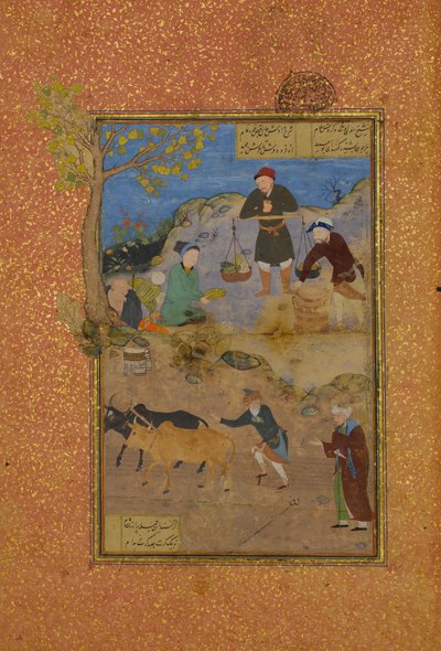 Shaikh Mahneh und der Dorfbewohner, Folio 49r aus einem Mantiq al-tair Sprache der Vögel von Unbekannt