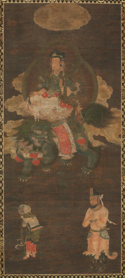 Shakyamuni-Triade: Buddha begleitet von Manjushri und Samantabhadra Bodhisattva mit Löwe, späte 1300er Jahre von Unbekannt