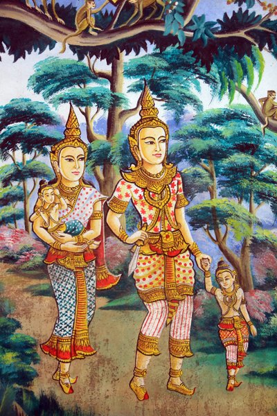 Siddhartha Gautama, seine Frau Yashodhara und sein Sohn Rahula. Gemälde, das die Lebensgeschichte von Shakyamuni Buddha darstellt. Wat Naxai. Vientiane. Laos von Unbekannt