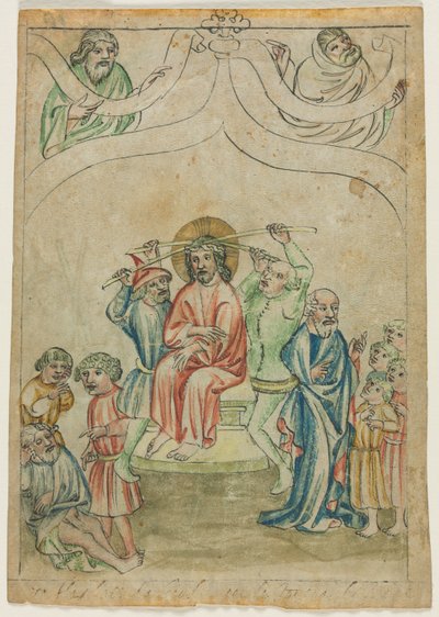 Einzelblatt aus einer Biblia Pauperum: Christus trägt das Kreuz (Rückseite), ca. 1410 von Unbekannt