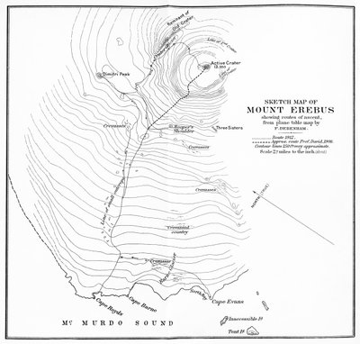 Skizzenkarte des Mount Erebus mit Aufstiegsrouten, um 1912-1913 von Unbekannt