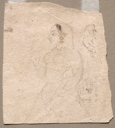 Skizze einer Frau mit einem Elefanten und anderen Tieren auf der Rückseite, 1700er von Unbekannt