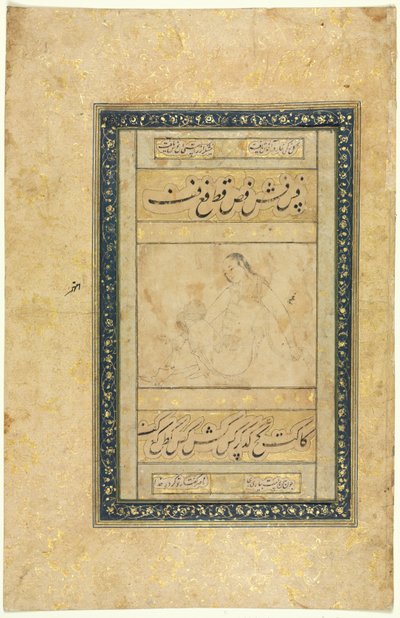 Skizze eines jungen Mannes, Einzelseite, Illustration und Text persische Verse, 1630-1650 von Unbekannt
