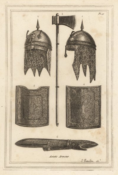 Souja Dowlas Helm mit Kettenhaube 2,3, Streitaxt 1, Brustpanzer und Rückenstück 4,5 und Armpanzer 6 von Unbekannt