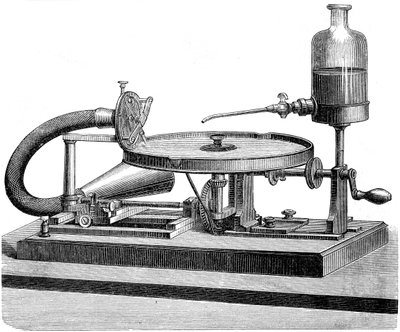 Tonaufnahme Scheibe Elektrizitätsmotor Batterie Flüssigkeit, um 1880 von Unbekannt