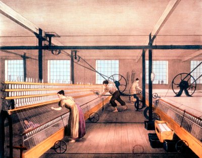 Baumwollspinnen mit selbsttätigen Maultieren des von Richard Roberts entwickelten Typs, um 1835 von Unbekannt