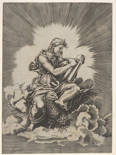 St. Johannes, sitzend und ein Schreibgerät haltend, ein Adler mit ausgebreiteten Flügeln, nach 1518 von Unbekannt