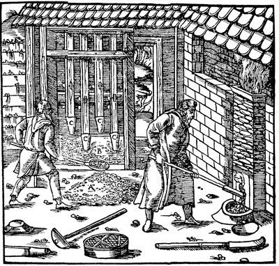 Erzstempeln und Rösten zur Metallgewinnung, 1556 von Unbekannt