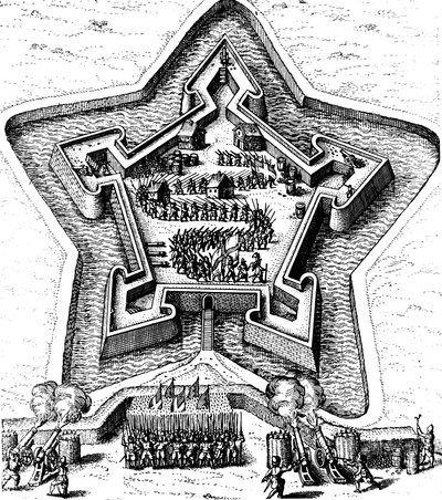 Sternfestung, die von einem Graben verteidigt wird und belagert wird von Unbekannt