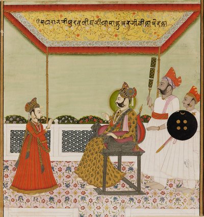 Surat Singh sitzt auf einem löwenarmigen Thron und empfängt seinen jungen Sohn, ca. 1800 von Unbekannt