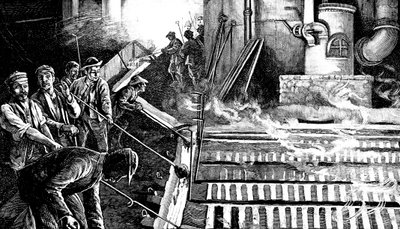 Anzapfen eines Hochofens und Gießen von Eisen in Schweine, um 1900 von Unbekannt