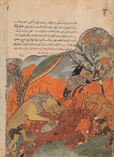 Der Angriff auf das Kamel durch den Löwen, die Krähe, den Wolf und den Schakal, Folio aus einem Kalila..., 18. Jahrhundert von Unbekannt