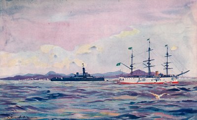 Der Ausbildungskreuzer Benjamin Constant und das Schlachtschiff Minas Geraes im Hafen von Rio, 1914 von Unbekannt
