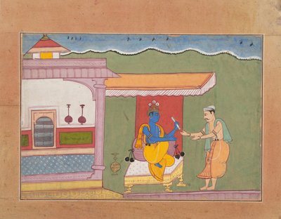 Der Brahmane überbringt Rukminis Brief an Krishna...aus einem verstreuten Bhagavata Purana..., ca. 1610 von Unbekannt