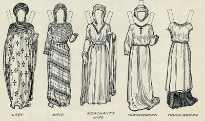 Die Große Galerie der britischen Kostüme: Verschiedene Kleider aus der normannischen Zeit, um 1934 von Unbekannt