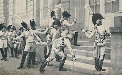 Die preußische Adelsgarde schärft ihre Schwerter auf den Stufen der französischen Botschaft in Berlin, 1896 von Unbekannt