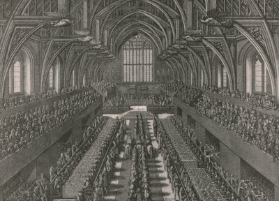 Das Bankett im Großen Saal des Palastes von Westminster...Krönung von James II. im Jahr 1685, 1902 von Unbekannt