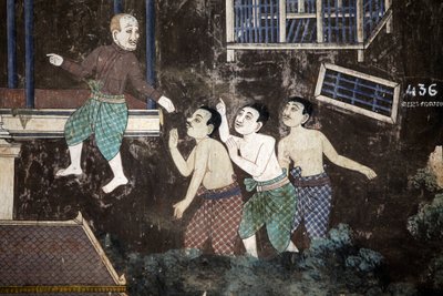 Das Innere der Silberpagode ist mit Wandgemälden bedeckt, die Geschichten aus dem Reamker darstellen, d.h. der Khmer-Version des klassischen indischen Epos, dem Ramayana. Einige Abschnitte der Wandgemälde sind beschädigt und verwittert. von Unbekannt