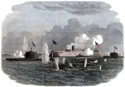 Das gepanzerte Kriegsschiff, New Ironsides, und zwei Ericsson-Batterien im Einsatz bei Charleston von Unbekannt
