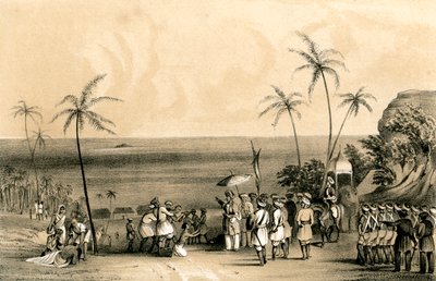 Die Kaufleute von Calicut wurden auf Befehl von Tippoo Saib gefangen genommen und an einen kahlen Felsen gekettet, 1847 von Unbekannt