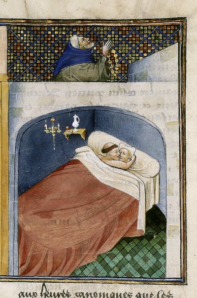 Der Mönch schläft mit der Frau, während der Ehemann betet, 1460er Jahre von Unbekannt