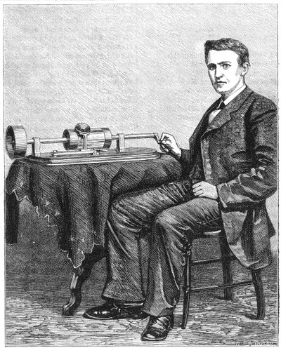 Thomas Alva Edison, amerikanischer Erfinder, mit einem frühen handbetriebenen Modell seines Phonographen von Unbekannt