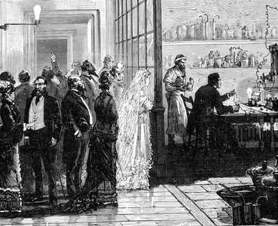 Thomas Edison experimentiert mit elektrischen Lampen an seinem Hochzeitstag, 1871 von Unbekannt