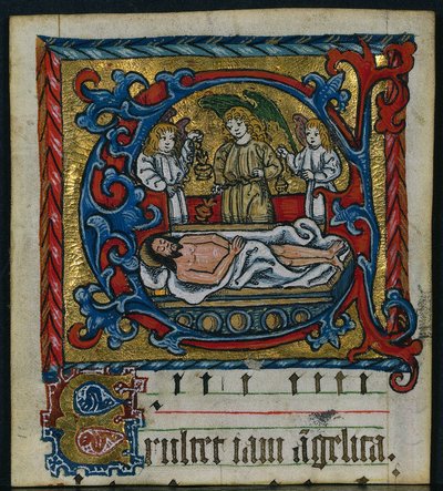 Drei Ausschnitte aus einem Missale: Initiale E mit den Engeln der Grablegung, ca. 1470-1500 von Unbekannt