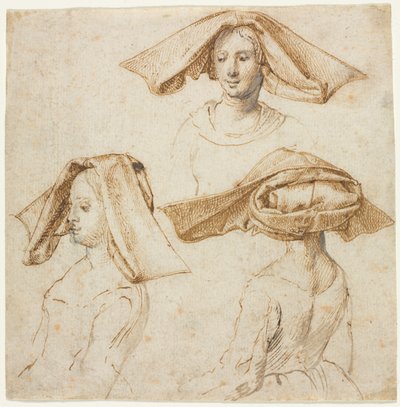Drei Studien einer Frau mit aufwendigem Kopfschmuck, ca. 1500 von Unbekannt