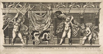 Drei Putten vor einer Fassade mit Pilastern, eine hält einen Dreizack, ca. 1515-1600 von Unbekannt