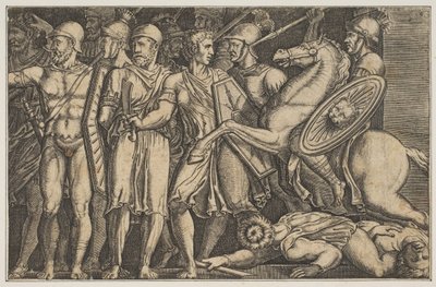 Trajan kämpft gegen die Daker, Trajan zu Pferd rechts reitend auf eine Gruppe zu, ca. 1515-1600 von Unbekannt