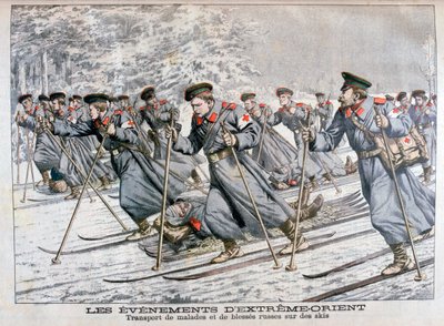 Transport kranker und verwundeter russischer Truppen auf Skiern, Russisch-Japanischer Krieg, 1904 von Unbekannt