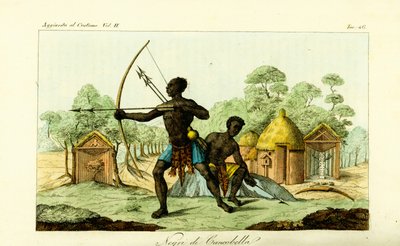 Zwei Luanda-Männer von Cancobella, Angola, mit Bögen und Pfeilen, vor Behausungen, Hütten, heiligen Fetischaltären usw. von Unbekannt