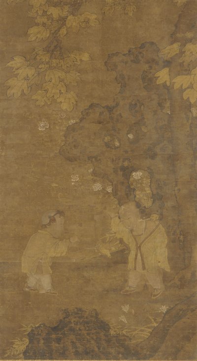 Zwei Jungen spielen mit der Puppe eines Löwen, Ming-Dynastie, 15.-16. Jahrhundert von Unbekannt