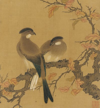 Zwei Haubenvögel auf einem Ast, Herbstblätter, Qing-Dynastie, 18. Jahrhundert von Unbekannt