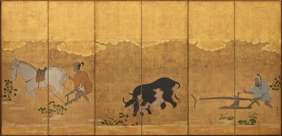 Zwei Bauern pflügen und eggen ein Reisfeld, Edo-Periode, 1615-1868 von Unbekannt