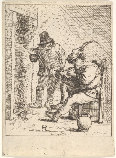 Zwei männliche Bauern mit Pfeifen vor einem Kamin, einer sitzt mit der Pfeife..., nach 1625-90 von Unbekannt