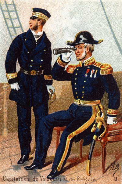 U: Kapitän Schiffe und Fregatte. Gravur in "Militäralphabet". Initialen des Illustrators: A. D. Unbekannter Herausgeber. Chromolithographien Ende des 19. Jahrhunderts. Dim: 10,5x7cm von Unbekannt