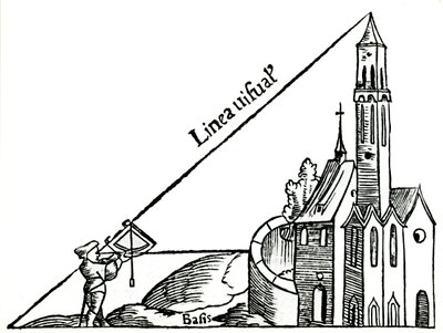 Verwendung eines Quadranten mit einem Senklot zur Berechnung der Höhe eines Turms durch Triangulation, 1551 von Unbekannt