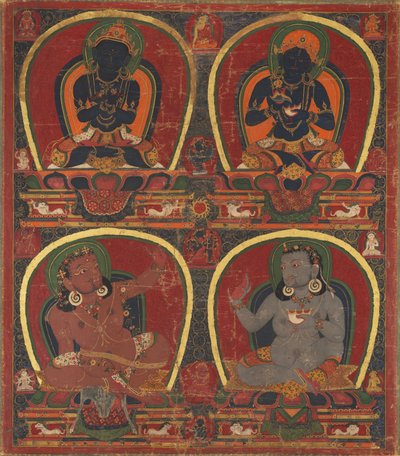 Vajradhara, Nairatmya und Mahasiddhas Virupa und Kanha, ca. 1450 von Unbekannt