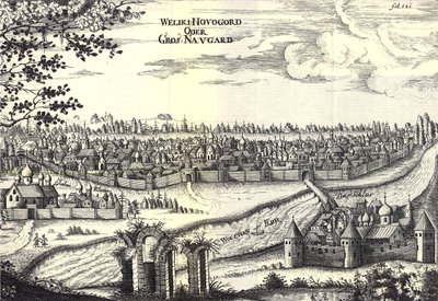 Velikiy Novgorod Illustration aus Reisen zum Großherzog von Moskau und zum König von Persien von Adam Olearius, 1656 von Unbekannt