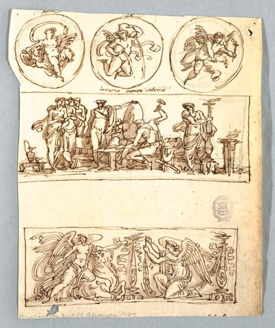 Venus an der Schmiede des Vulkan, Winter, Siege und drei Rundbilder, Putti als Elemente von Unbekannt
