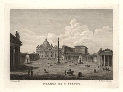 Ansicht des Petersplatzes, Piazza di S. Pietro, mit dem Petersdom und dem antiken ägyptischen Obelisken von Unbekannt