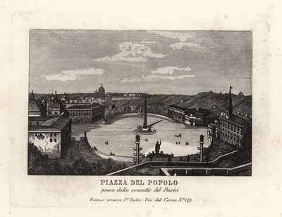 Ansicht der Piazza del Popolo mit einem ägyptischen Obelisken von Ramses II aus Heliopolis, vom Gipfel des Pincio-Hügels, Rom von Unbekannt